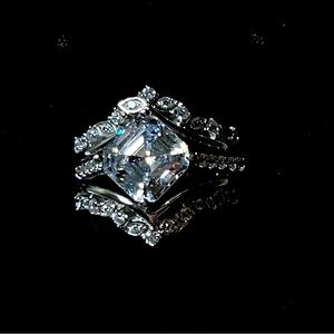 JTV White CZ Asscher Cut Platinum Over Sterling Silver 2 Ring Set 4.64ctw Size:6